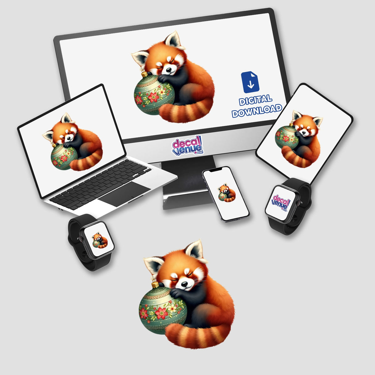 Red Panda Sleeping on Christmas Ornament depicted on a computer monitor and laptop, showcasing charming digital artwork available as stickers or digital prints from Decal Venue.