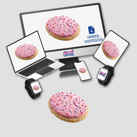 Oval Shaped Cookie with Pastel Pink and Purple Dots displayed on a laptop and monitor, available as stickers or digital artwork from Decal Venue.