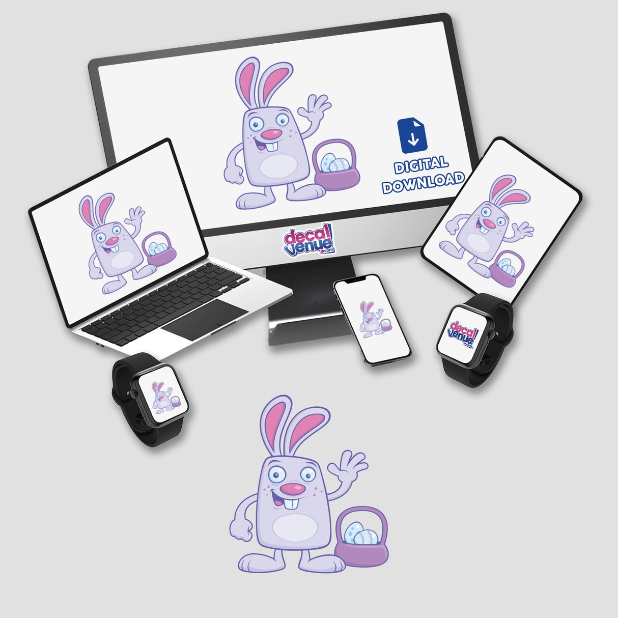 Easter Bunny stickers featuring a cartoon rabbit with a basket of eggs displayed on various tech devices like a laptop, monitor, and smartwatch, available at Decal Venue.