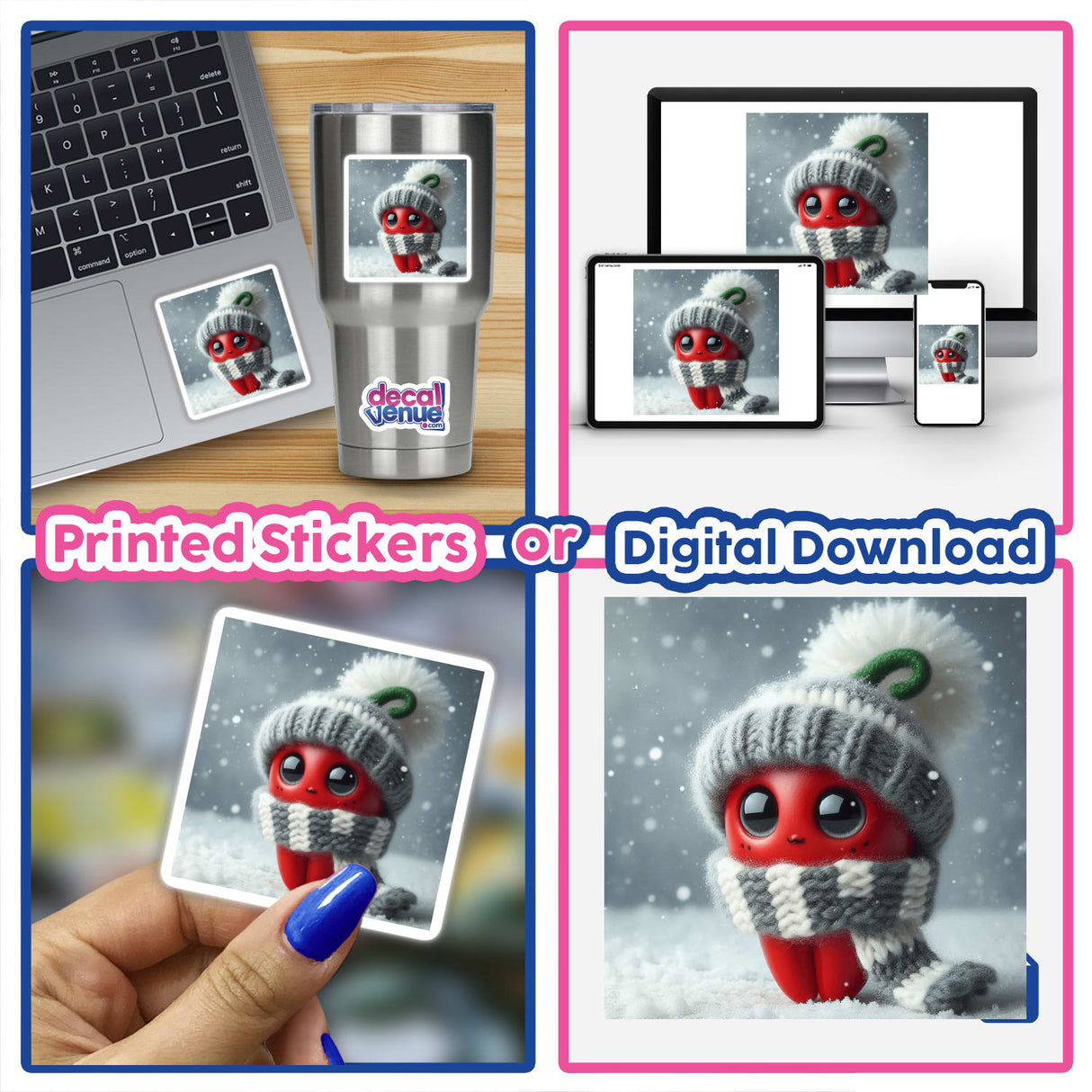 Chili Pepper stickers or digital artwork featuring a red cartoon character in a knitted hat and scarf, displayed with a collage of computers and laptops.