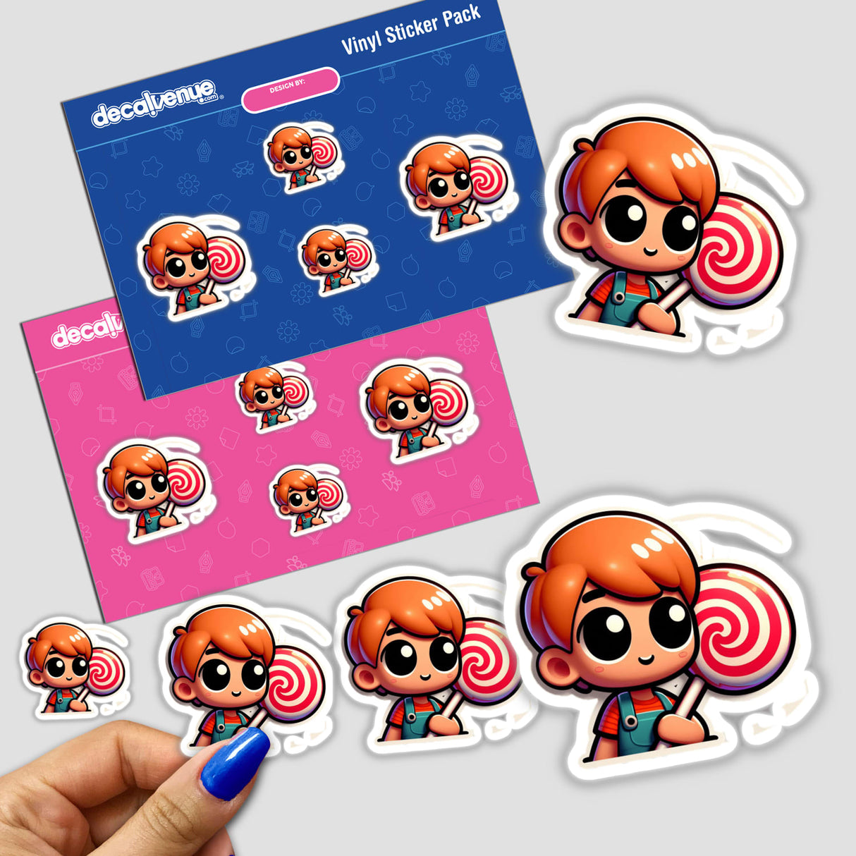 Stickers featuring AI-generated cartoon characters holding lollipops, available as individual pieces or in a pack from Decal Venue.