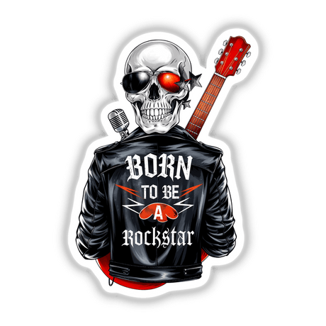 Skull wearing a leather jacket, holding a microphone and guitar, embodying the Born To Be A Rockstar theme, available as stickers or digital artwork from Decal Venue.