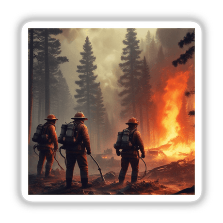 Hero Series 1: Group of firefighters in a forest, wearing uniforms and backpacks, depicted as stickers or digital artwork.