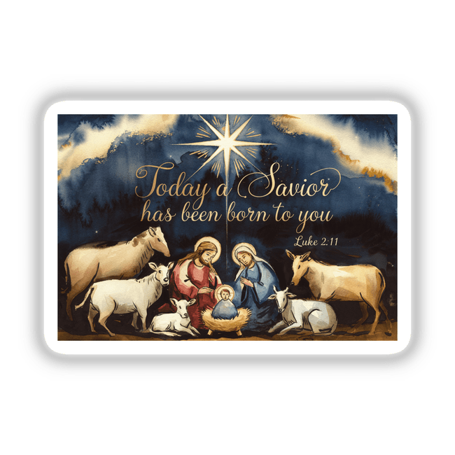 Nativity Scene Christmas Clipart featuring a watercolor painting of a manger with animals and a star, titled Today a Savior Has Been Born from Luke 2:11, available as stickers or digital artwork.