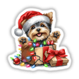 Christmas Lights Santa Yorkie in Gift Box IV shows a terrier in a gift box adorned with Christmas lights, wearing a Santa hat, available as stickers or digital artwork.