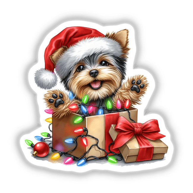 Christmas Lights Santa Yorkie in Gift Box IV shows a terrier in a gift box adorned with Christmas lights, wearing a Santa hat, available as stickers or digital artwork.