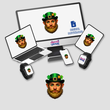 Stickers or digital artwork featuring St. Patrick's Day Leprechaun faces displayed on a computer monitor and laptop, ideal for adding a festive touch to your devices.