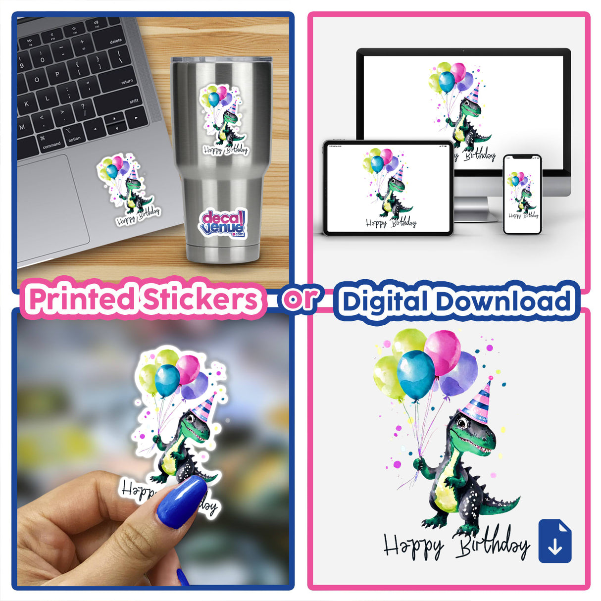 Colorful T-Rex birthday balloons digital artwork displayed on various devices and printed as stickers