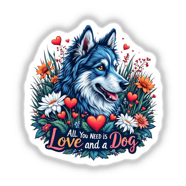 Love and a Dog: Illustration of a dog adorned with flowers and hearts, available as stickers or digital artwork, reflecting Decal Venue’s unique style.