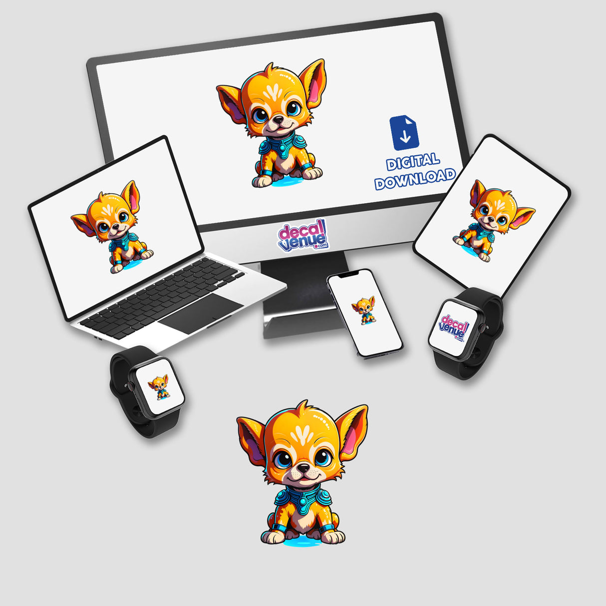 Cute Puppy From Outer Space displayed on a monitor, laptop, and tablet, showcasing a cartoon dog. Available as stickers or digital artwork from Decal Venue.