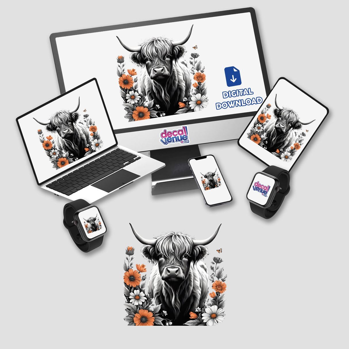 Highland Cow Floral Accents PA04 displayed on various devices, including a laptop and smartwatch, featuring a cow with horns and flowers. Available as stickers or digital artwork.