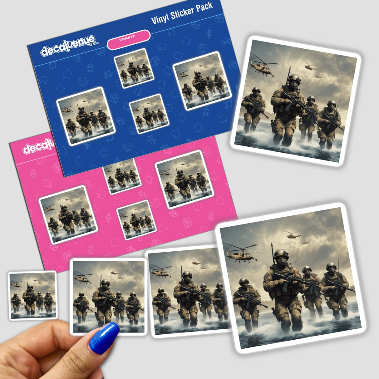 Hand holding Hero Series 5 sticker pack featuring soldiers running with guns.