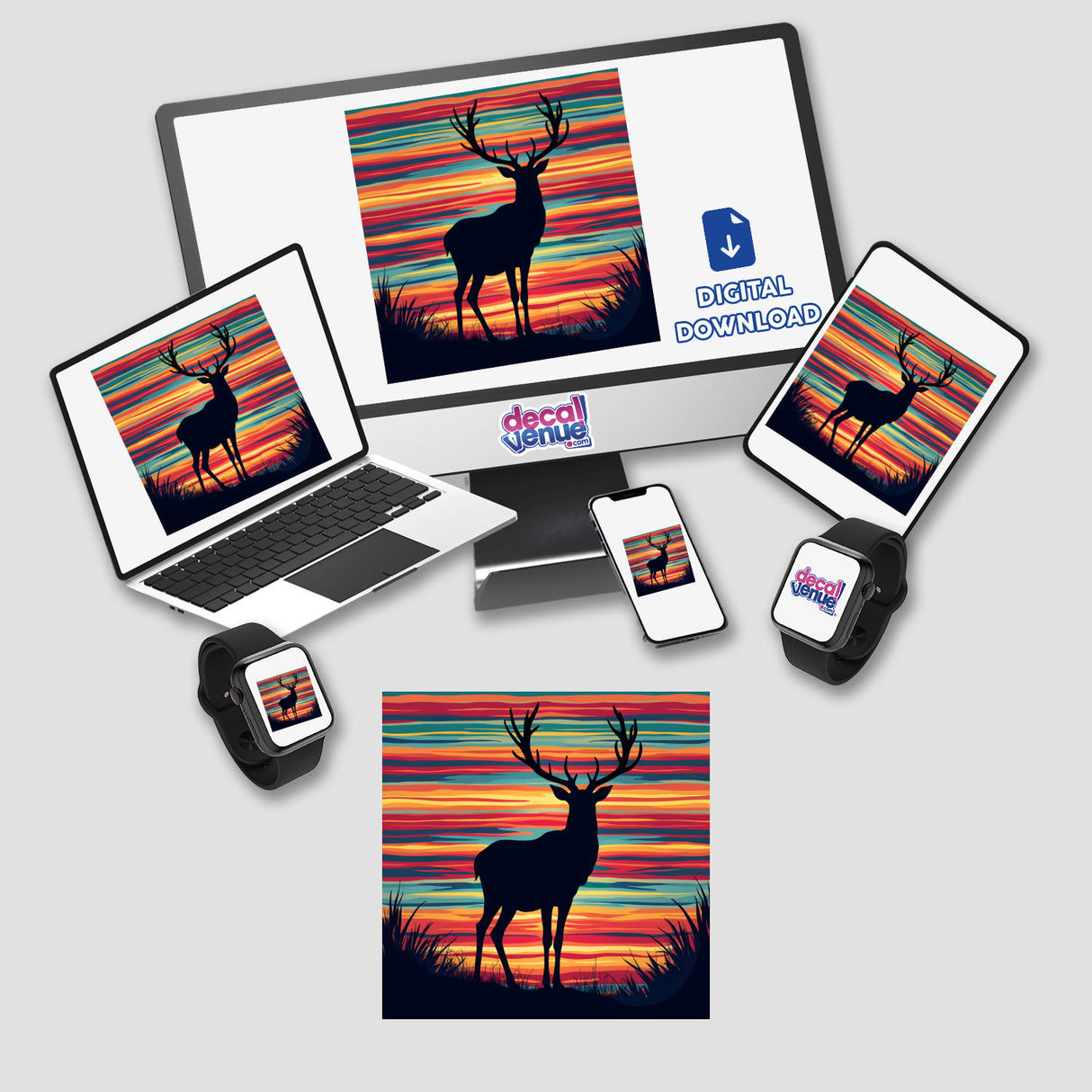 Reindeer Silhouette with Bold Color Stripes Christmas design displayed on a laptop and computer monitor, available as stickers or digital artwork from Decal Venue.