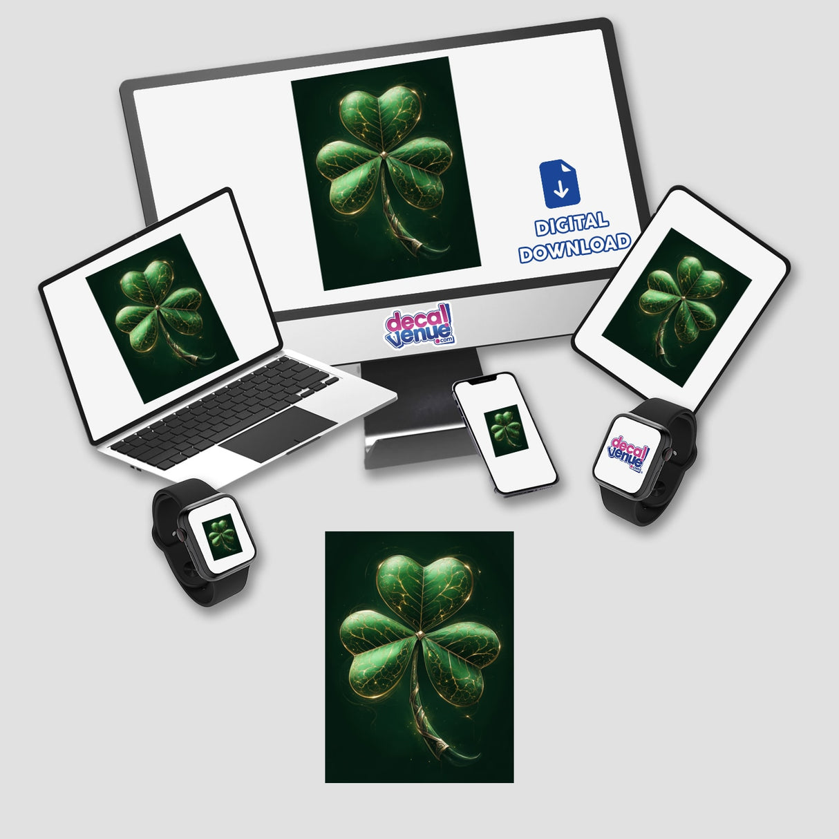 Regal Shamrock – Green Clover with Gold Veins and Ornate Stem displayed on various electronic devices, available as stickers or digital artwork from Decal Venue.