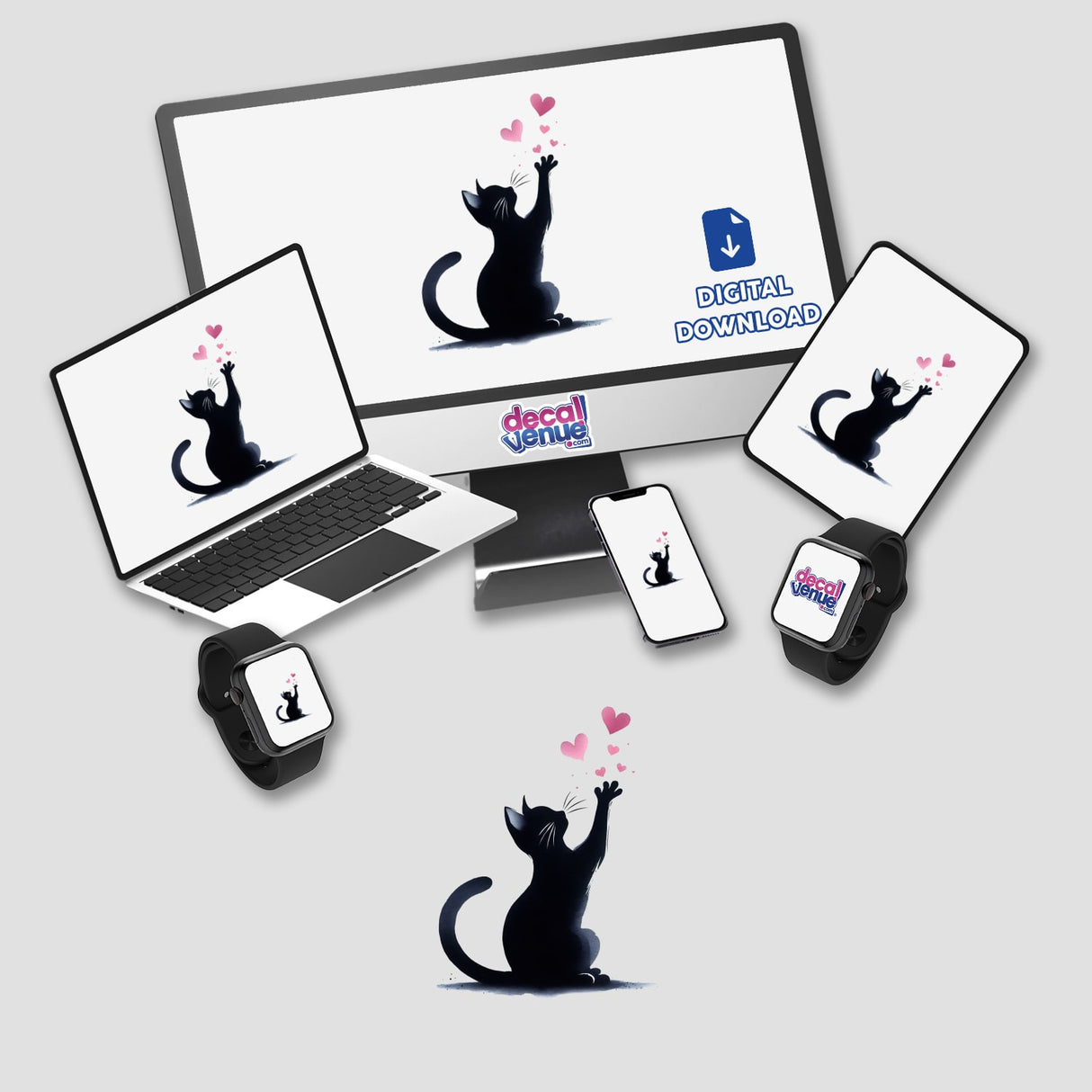 Playful Black Cat with Hearts Digital Artwork