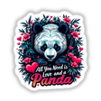 Panda Love sticker or digital art features a cute panda surrounded by flowers and hearts, perfect for adding charm to any surface.