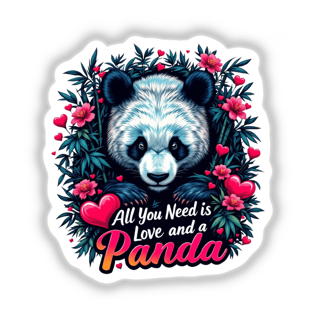 Panda Love sticker or digital art features a cute panda surrounded by flowers and hearts, perfect for adding charm to any surface.