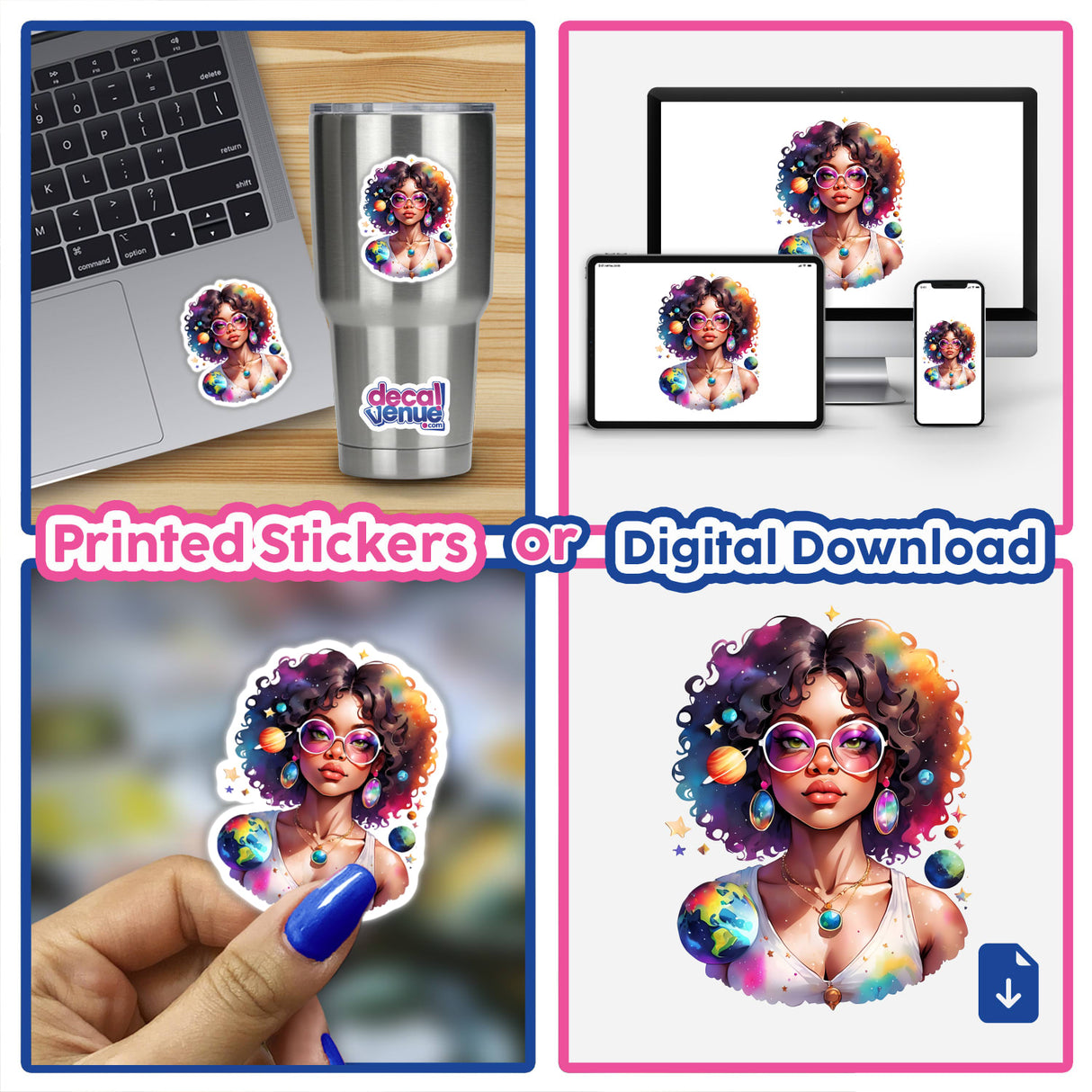 Sticker Design: Afro Hippie Woman with Jewelry and Glasses, Floating in Space Surrounded by Stars and Planets; collage shows detailed views, including face, stickers on a laptop, and close-up elements.