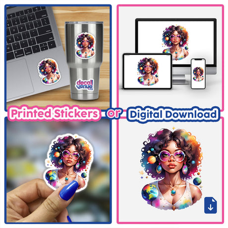 Sticker Design: Afro Hippie Woman with Jewelry and Glasses, Floating in Space Surrounded by Stars and Planets; collage shows detailed views, including face, stickers on a laptop, and close-up elements.