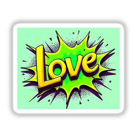 Love Valentine's Day graphic featuring playful yellow letters and a purple arrow, available as stickers or digital artwork from Decal Venue. Perfect for adding a whimsical touch to your decor.