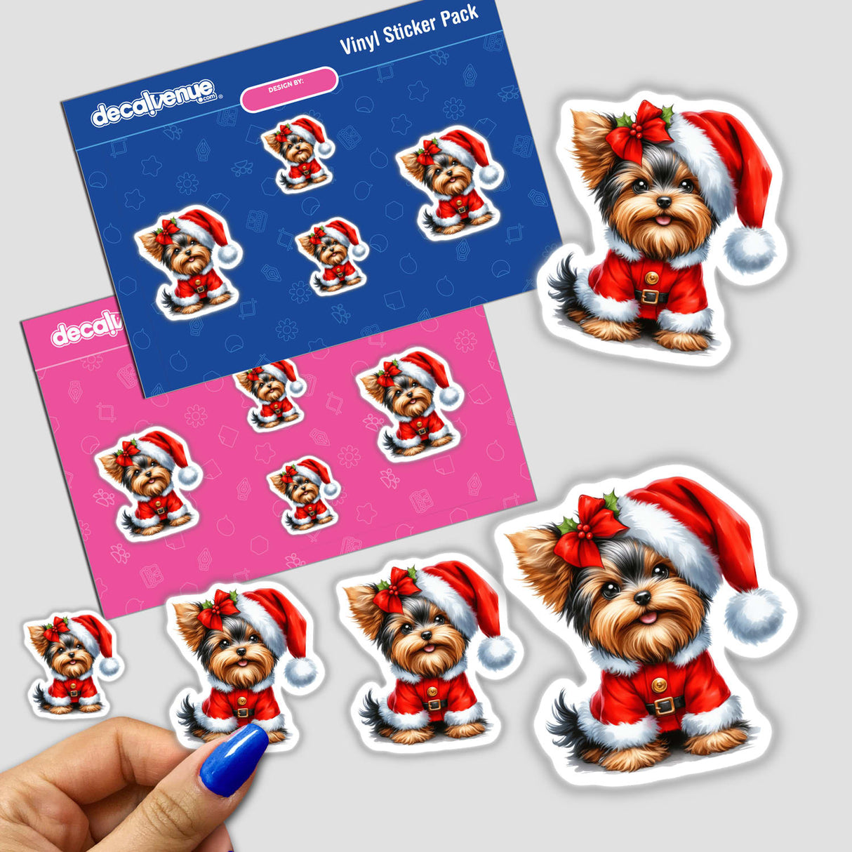 Christmas Yorkie in Santa Outfit II sticker features a cartoon dog in a festive Santa outfit, perfect for holiday decorations. Available as a sticker or digital artwork from Decal Venue.