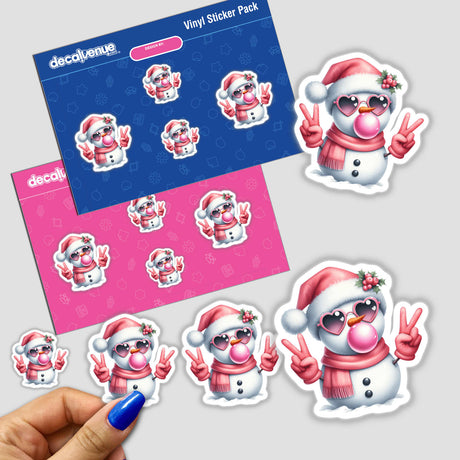 Cool Pink Christmas Snowman Blowing Bubble sticker features a cartoon snowman with pink sunglasses and a bubble gum, available as part of a unique sticker pack or digital artwork.