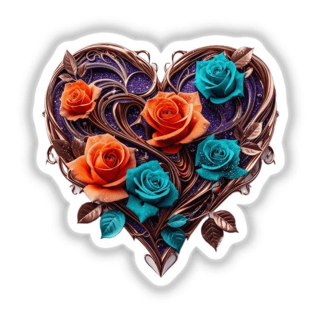 Heart-Shaped Ornament with Copper Swirls, showcasing intricate orange and teal roses, enhanced by purple glitter accents, available as stickers or digital artwork from Decal Venue.