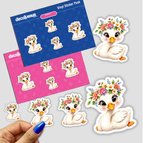 Elegant Swan with a Flower Crown sticker pack featuring a cartoon swan adorned with flowers, available as unique stickers or digital artwork from Decal Venue.