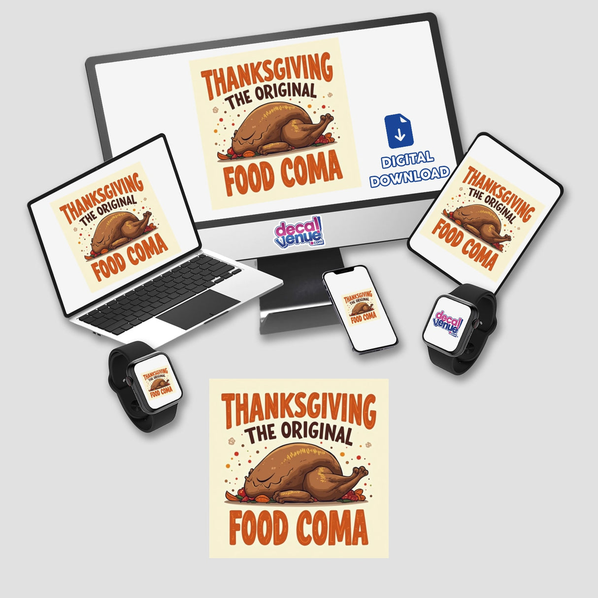 Thanksgiving: The Original Food Coma Funny Sticker features a turkey on various electronic screens, embodying humor and creativity, available as stickers or digital artwork with commercial rights.