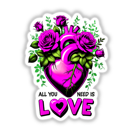 All You Need Is Love artwork featuring a heart intertwined with flowers and leaves, available as unique stickers or digital art from Decal Venue.