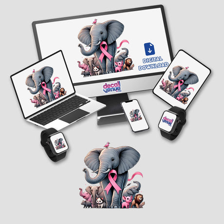 Elephant Unity and Strength Pink Ribbon Breast Cancer digital artwork featuring a computer monitor and laptop displaying elephants and a pink ribbon, highlighting breast cancer awareness. Available as stickers or digital artwork.