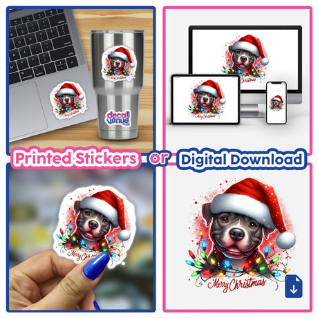 Merry Christmas Lights Pitbull Dog sticker features a playful dog in a Santa hat adorned with festive lights, perfect for laptops or as digital art.