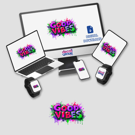 Good Vibes Graffiti Art featuring a vibrant design displayed on a computer monitor, laptop, and phone, available as stickers or digital artwork.