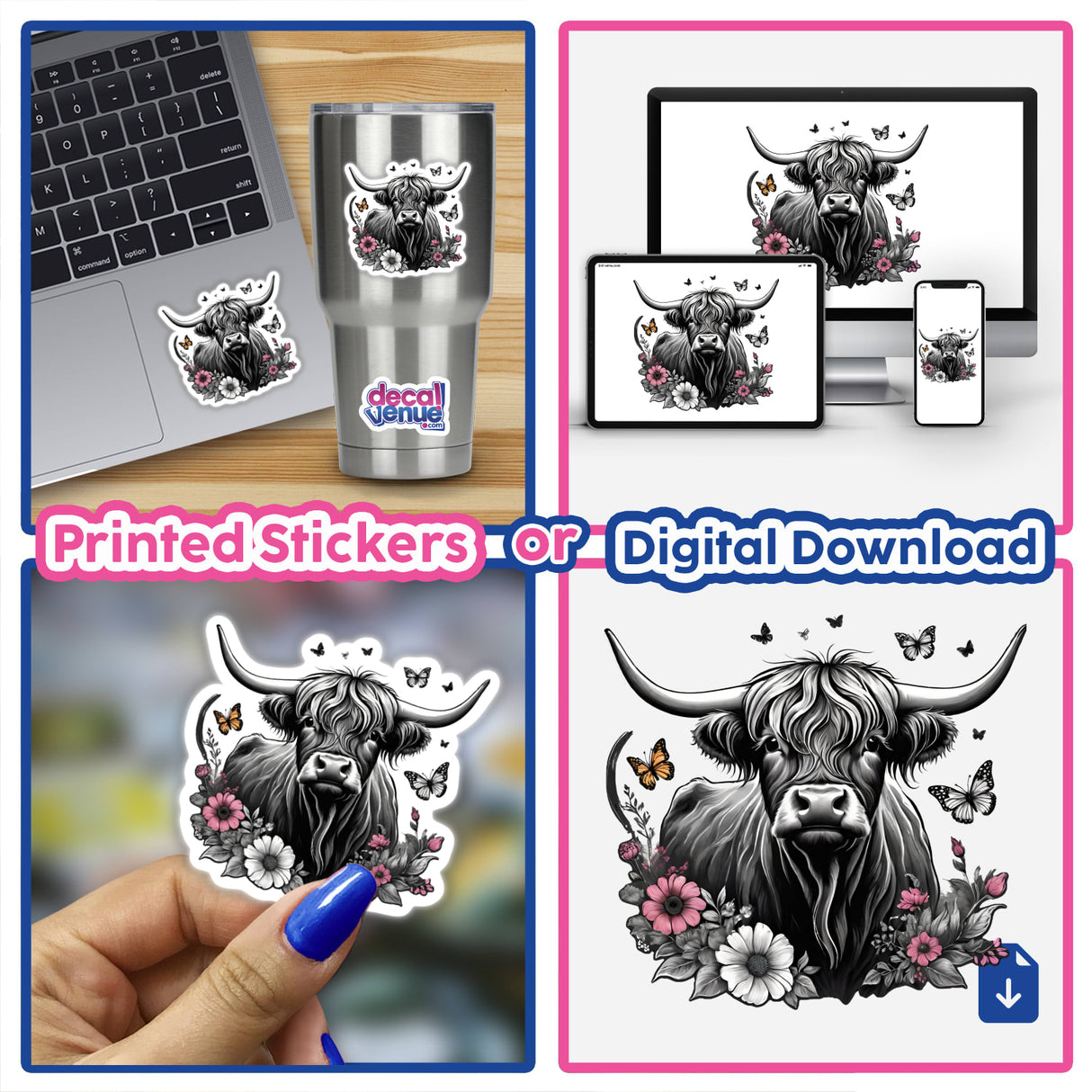 Highland Cow Floral Accents PA02, featuring stickers and digital downloads of cows embellished with flowers and butterflies, designed for decorating cups, laptops, and more.