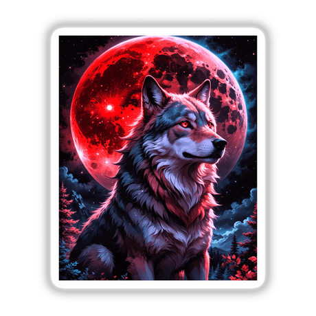 A Wolf In The Night With A Blood Moon: Intricate artwork depicting a wolf with red eyes under a striking red moon, offered as unique stickers or digital art from Decal Venue.