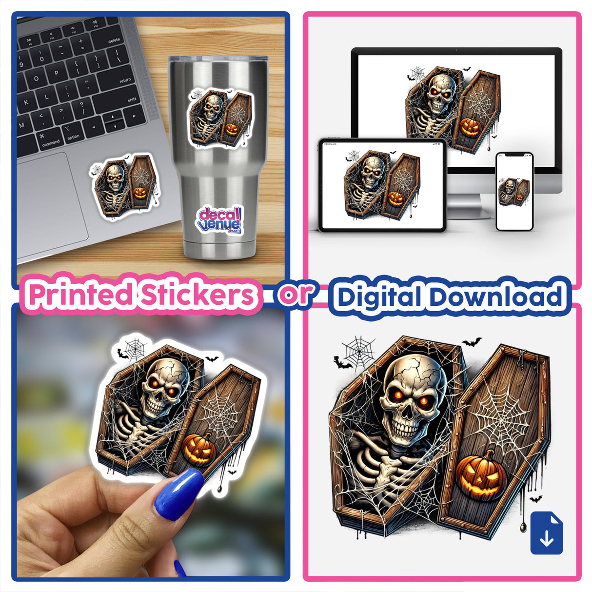 Spooky Halloween skeleton decal in coffin, available as printed stickers or digital download from DecalVenue store, featuring detailed skull and pumpkin designs.