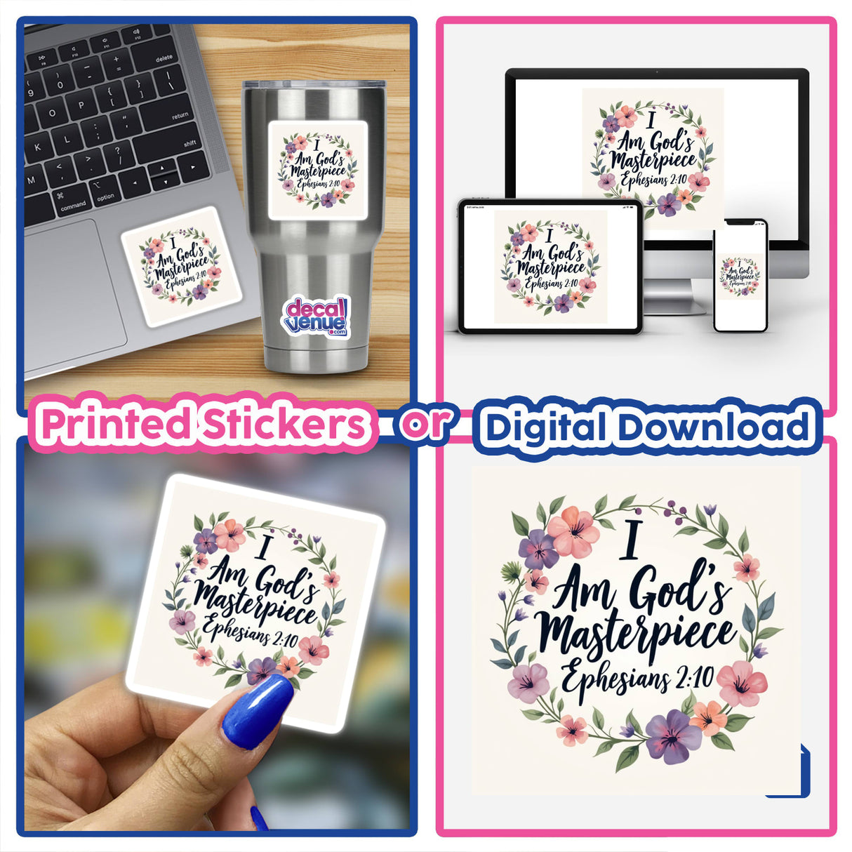 Collage of I Am God's Masterpiece - Ephesians 2:10 stickers and clipart, showcasing Christian faith-based designs on various surfaces like a laptop and a cup, available with commercial rights.