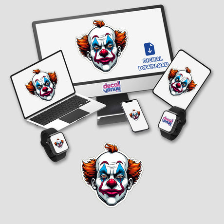 Palhaço Sério-themed laptop and smartwatch with cartoon clown faces on screens, available as stickers or digital artwork from Decal Venue.