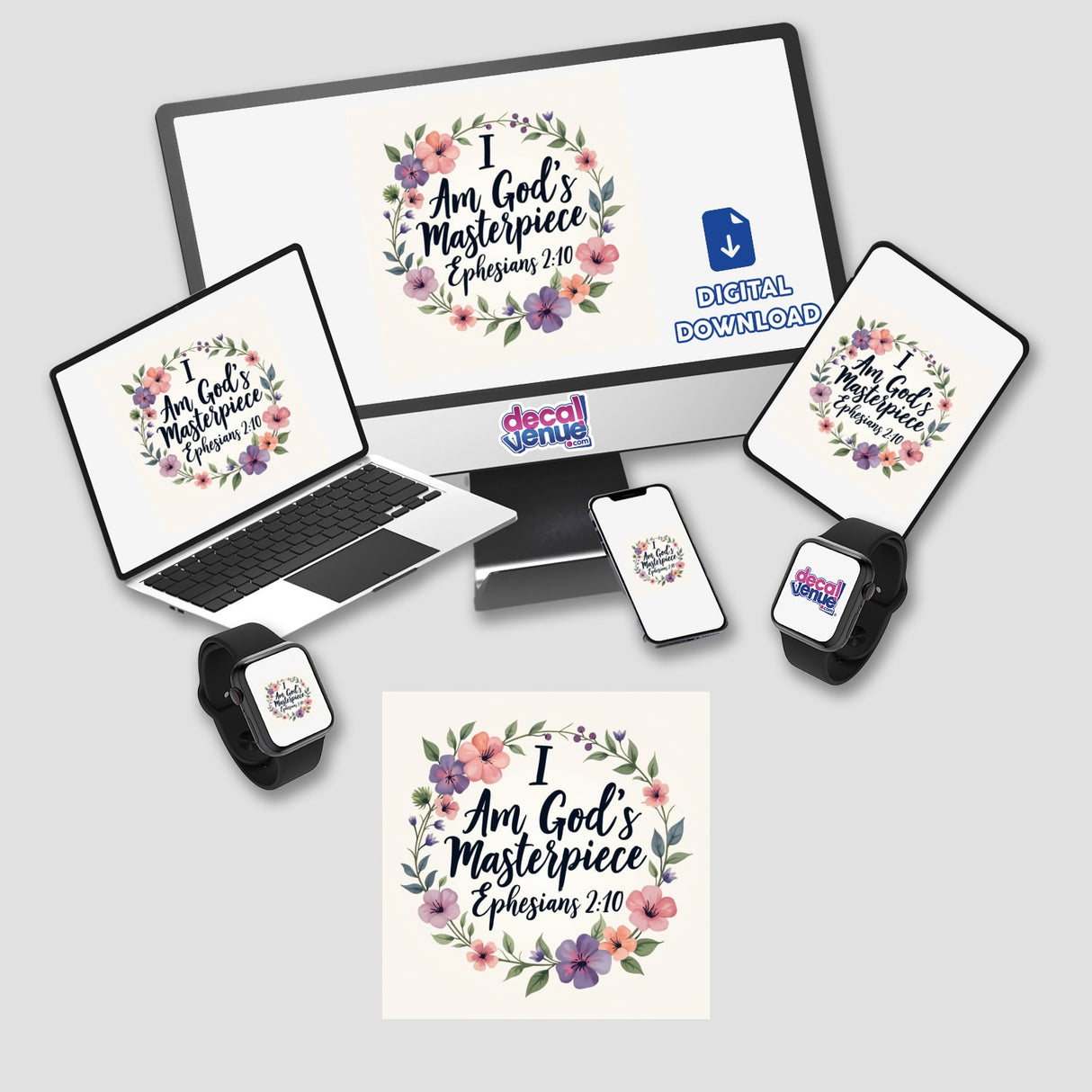 I Am God's Masterpiece - Ephesians 2:10 sticker or clipart featuring a floral design on a laptop screen, ideal for faith-based digital art or sticker use.