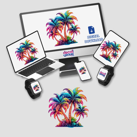 Vibrant digital neon palm trees on various device screens and mockups, showcasing the product's colorful and eye-catching design suitable for stickers or digital art.