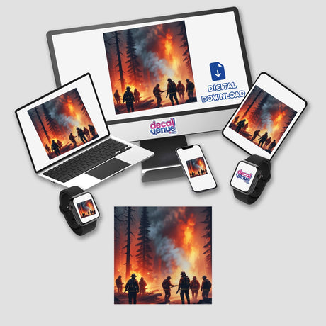 Hero Series 2 sticker or digital artwork featuring a laptop displaying a fire image, alongside a computer monitor and other technology devices.