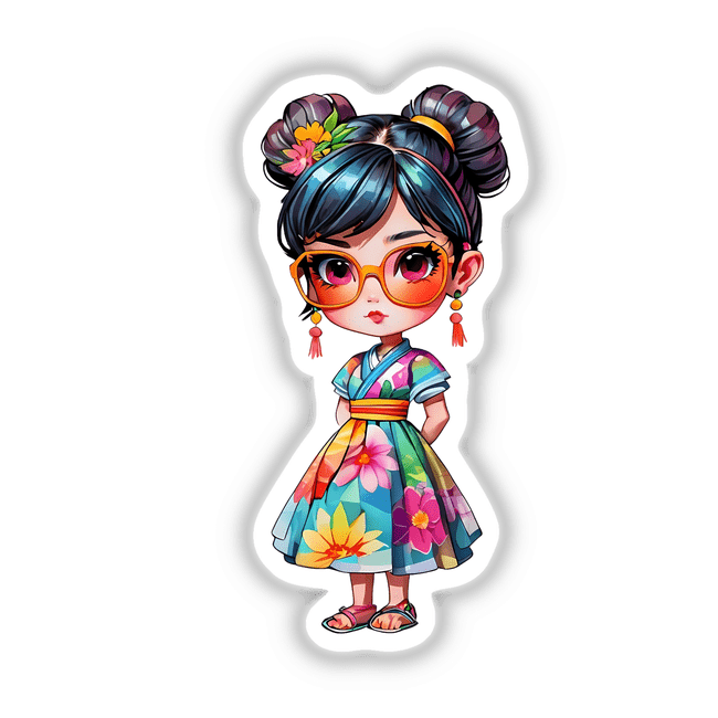 Cute Japanese Girl Sticker featuring a cartoon girl in glasses and a colorful kimono, perfect for adding a touch of kawaii charm to your items.