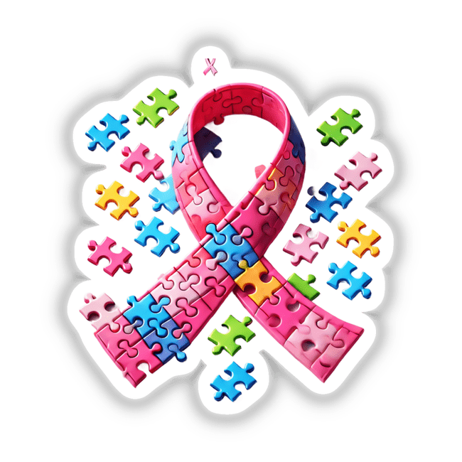 Pink Ribbon and Puzzle Breast Cancer Awareness sticker, featuring a pink ribbon composed of interlocking puzzle pieces, symbolizing support and awareness for breast cancer.