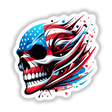 American Flag Skull graphic, featuring a detailed illustration of a skull adorned with a stylized flag, available as unique stickers or digital artwork from Decal Venue.