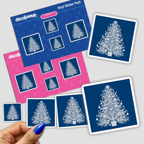 Chinoiserie Style Christmas Tree sticker pack held in hand, featuring intricate tree designs, available as stickers or digital artwork from Decal Venue.