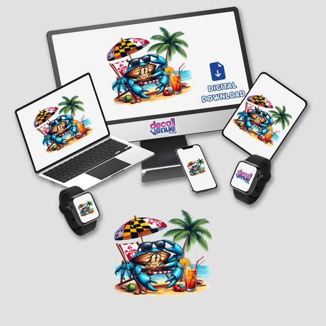 Maryland Shore Blue Crab Sitting in Beach Chair depicted on computer monitor and laptop screens, showcasing the design available as stickers or digital artwork from Decal Venue.