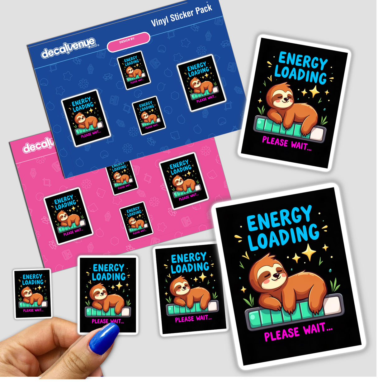 Energy Loading Please Wait Cute Sloth Quote sticker features a cartoon sloth on a black background, embodying Decal Venue's unique style in stickers and digital artwork.