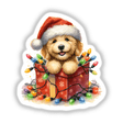 Christmas Lights Santa Golden Doodle Dog in Gift Box, showing a cute puppy with a Santa hat surrounded by festive lights, available as stickers or digital artwork.