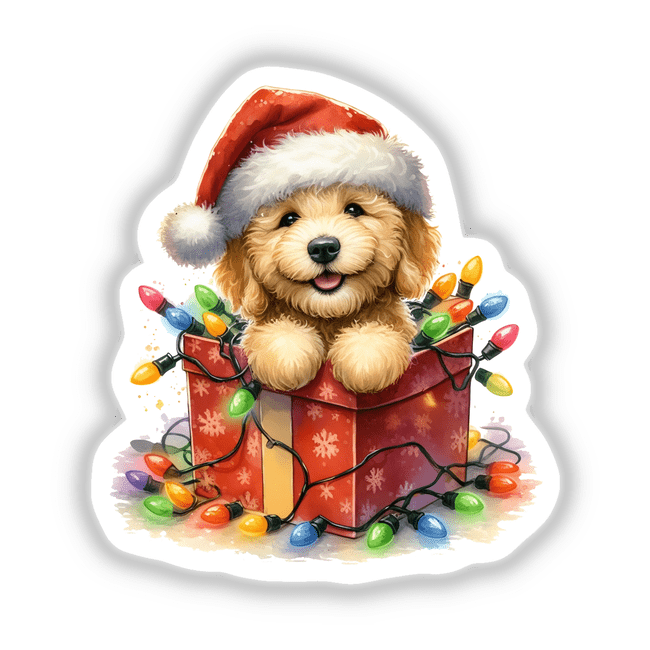 Christmas Lights Santa Golden Doodle Dog in Gift Box, showing a cute puppy with a Santa hat surrounded by festive lights, available as stickers or digital artwork.