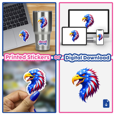 Collage showcasing A Cool American Flag Eagle stickers, featuring eagles on cups, laptops, and more, available as unique stickers or digital artwork from Decal Venue.